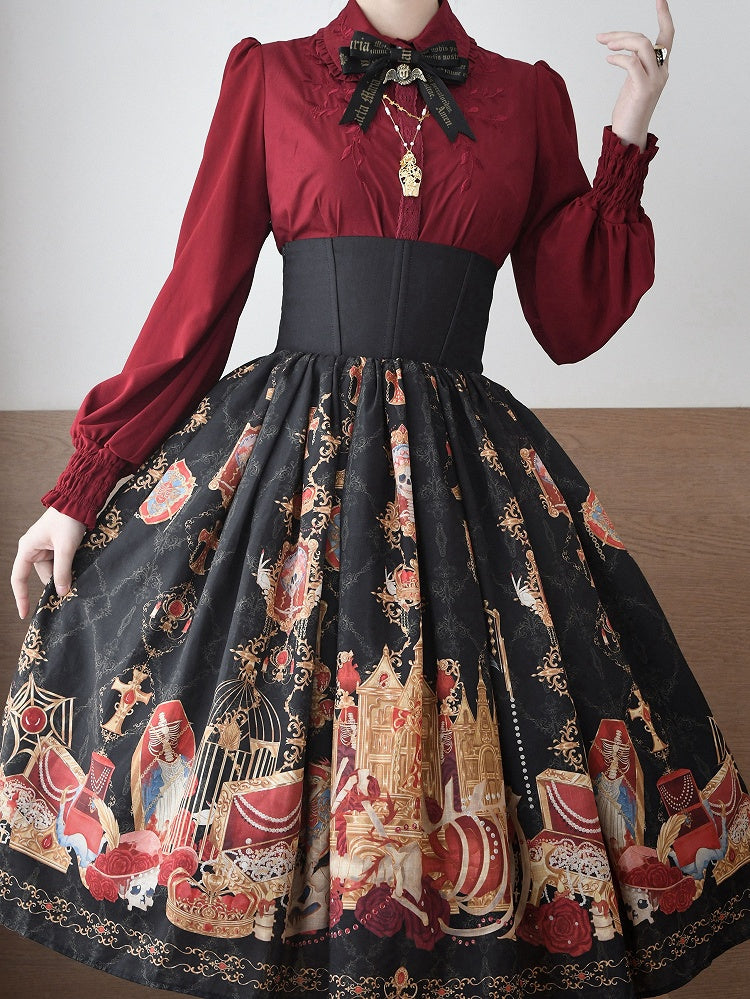 Jewelry Waist Print Lolita Black Skirt High Dragon Boned Bone and
