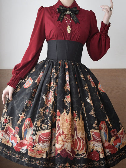 Jewelry Waist Print Lolita Black Skirt High Dragon Boned Bone and