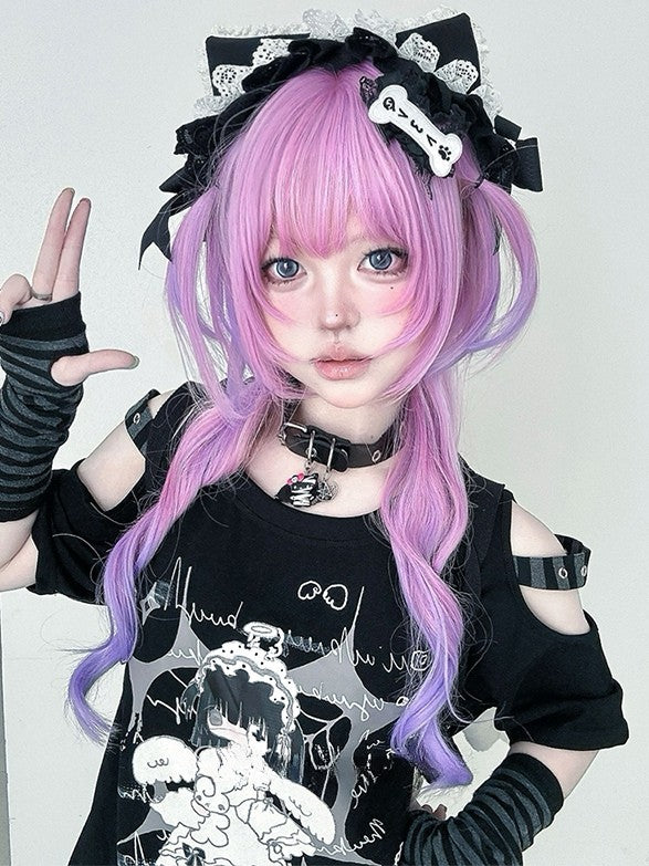 ウィッグ 姫系カラー オンブレヘア 前髪あり ウェーブカット 長さ72cm ピンクパープルエア