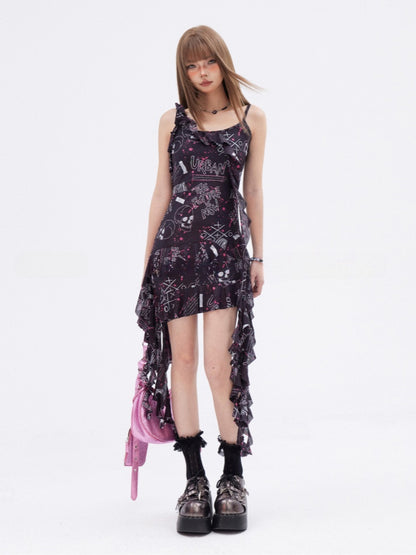 Glamorous Black Graffiti Print Asymmetrical Ruffled Slip Dress Hem