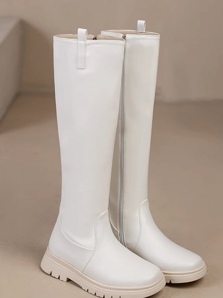 Closure White Knee-high Zip Boots Regular/Thicken PU Version Leather Inner with -