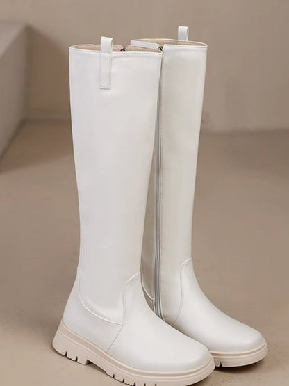 Closure White Knee-high Zip Boots Regular/Thicken PU Version Leather Inner with -