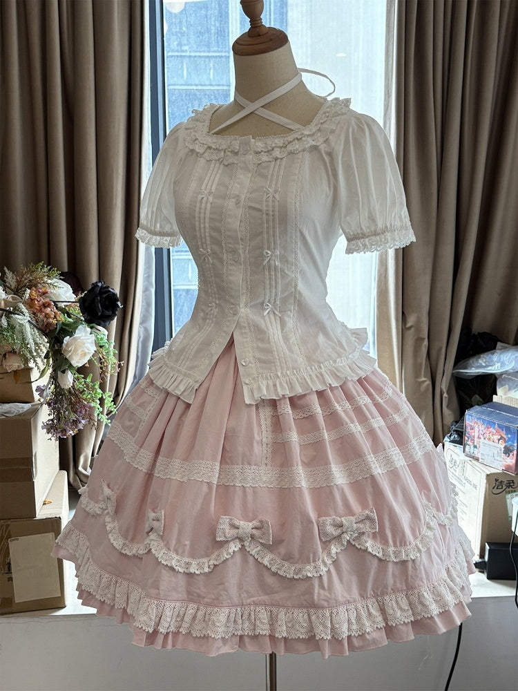 Pink & White Lace-Trimmed Skirt with Bow Accents - Hana Studio