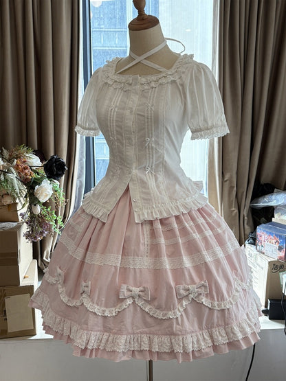 Pink & White Lace-Trimmed Skirt with Bow Accents - Hana Studio
