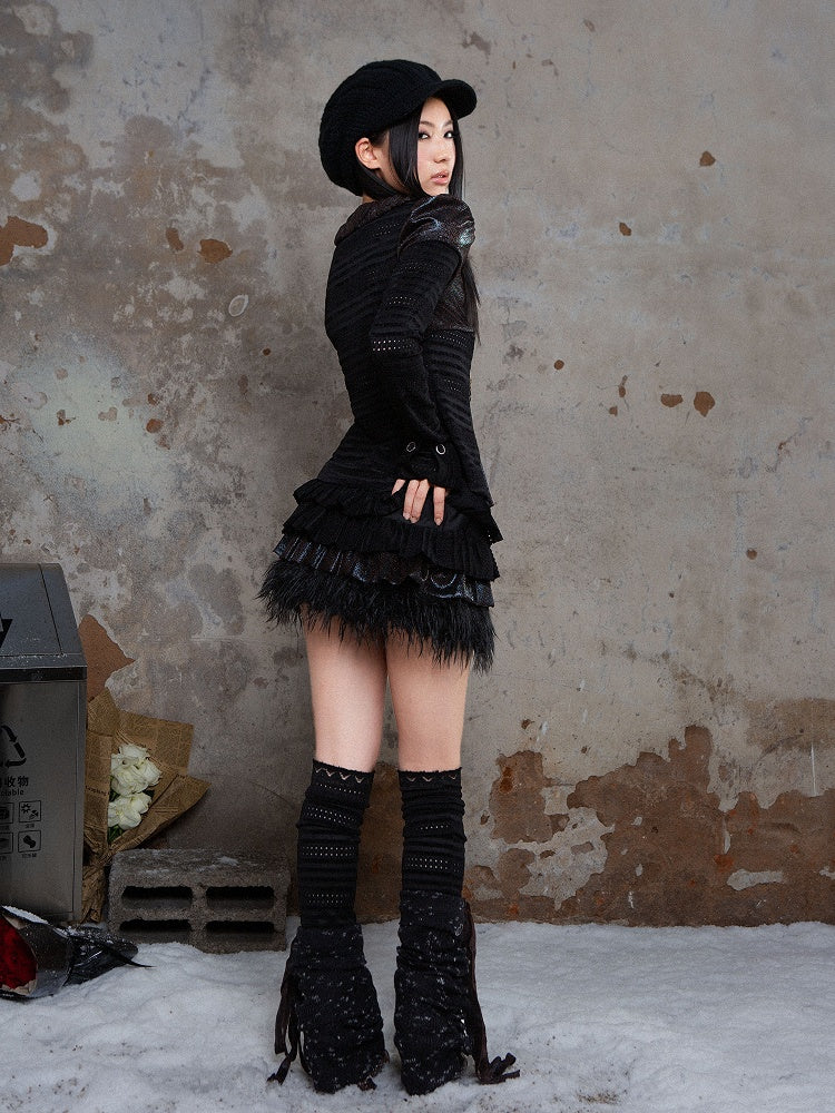 Tiered Faux Elastic Black Punk with Fur Waist Glossy Skirt Trim Fabric