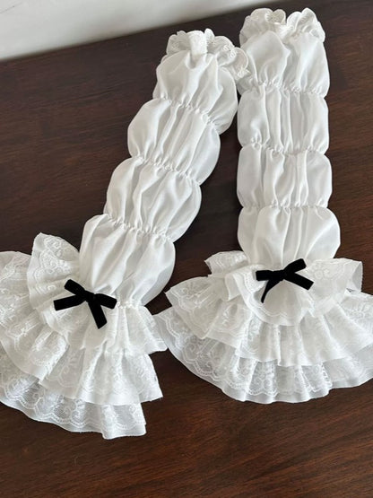 Lace Hollow-out Cuffs White Bowknot Gray/Pink/Black Sleeves Tiered Lolita With Details