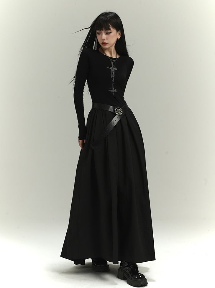 Gothic Black Backless/Covered-Back Round Neck Slim-fitting Dress