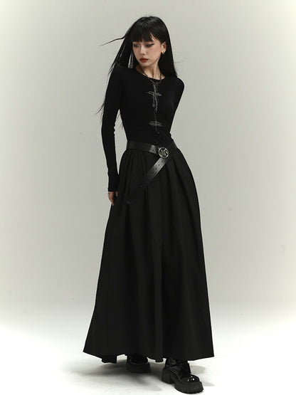 Gothic Black Backless/Covered-Back Round Neck Slim-fitting Dress