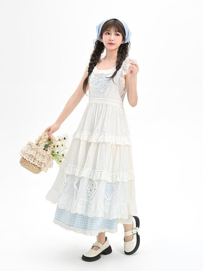 Overdress Trim Patch White Flutter Sleeves Lace Embroidery Plaid Tiered Cutton Skirt Blue