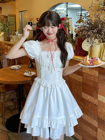White Ruffled Square Neckline Puff Sleeves Tiered Ruffles Sweet Dress
