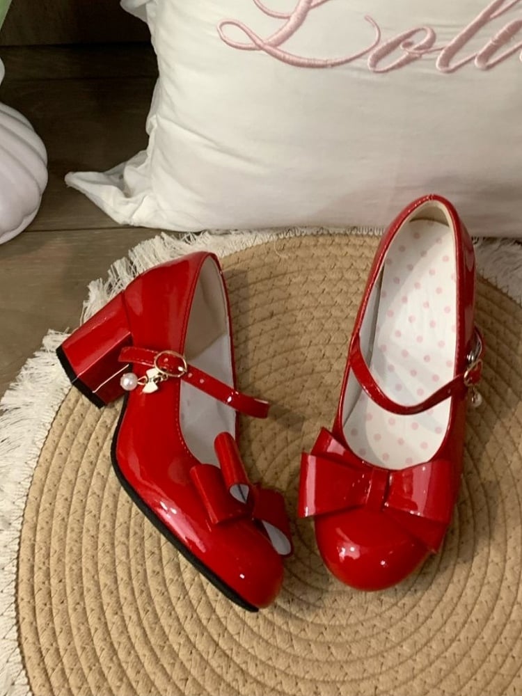 Wine Red Sweet Lolita Mid Heels - Polished Bow Mary Jane Shoes