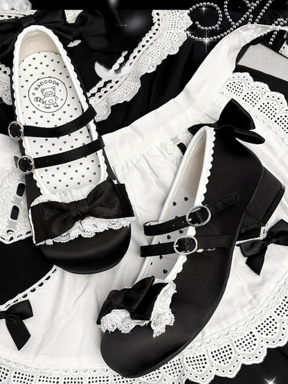 Round Low-heel with Lolita Toe Lace Black Shoes Ruffle Sweet -