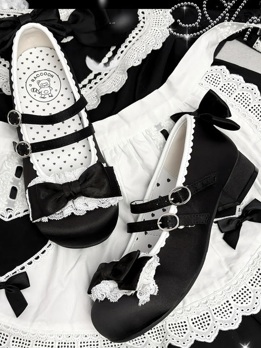 Round Low-heel with Lolita Toe Lace Black Shoes Ruffle Sweet -