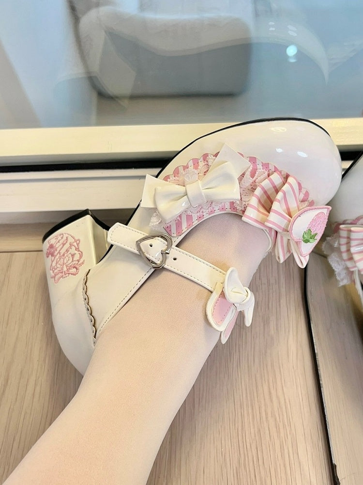 Heels Sweet White Embroidered with Lolita Mid Appliques Strawberry Heart
