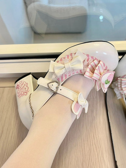 Heels Sweet White Embroidered with Lolita Mid Appliques Strawberry Heart