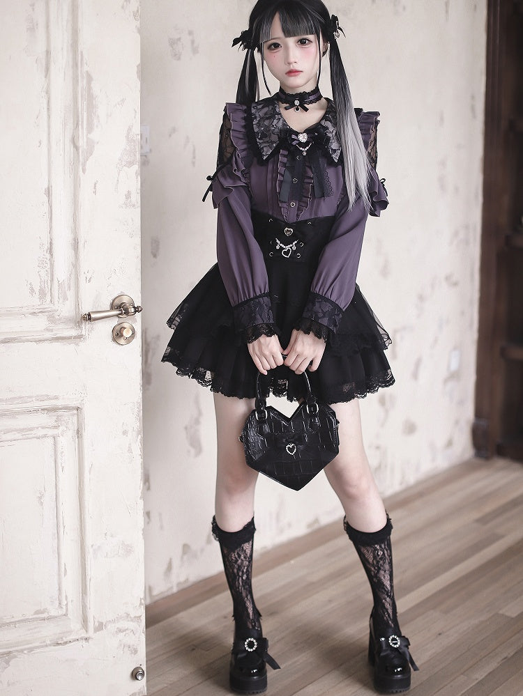 Kei-Kragen Gothic Schwarz und Stil Spitze Bluse: Dunkelviolette Ausschnitte mit Royal Lace Jirai