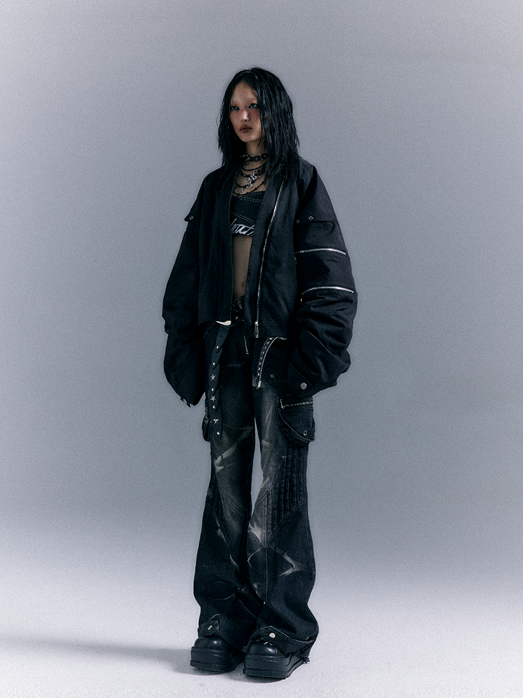 Gewaschene Reißverschluss Flare Schwarz-Grau Nieten Jeans Taschen Punk