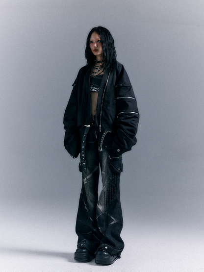 Gewaschene Reißverschluss Flare Schwarz-Grau Nieten Jeans Taschen Punk