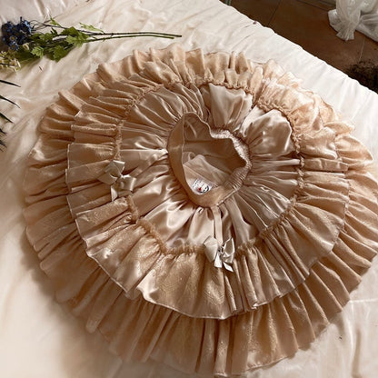Lolita Gothic Layered Embellishments Bow with Skirt Lace Beige