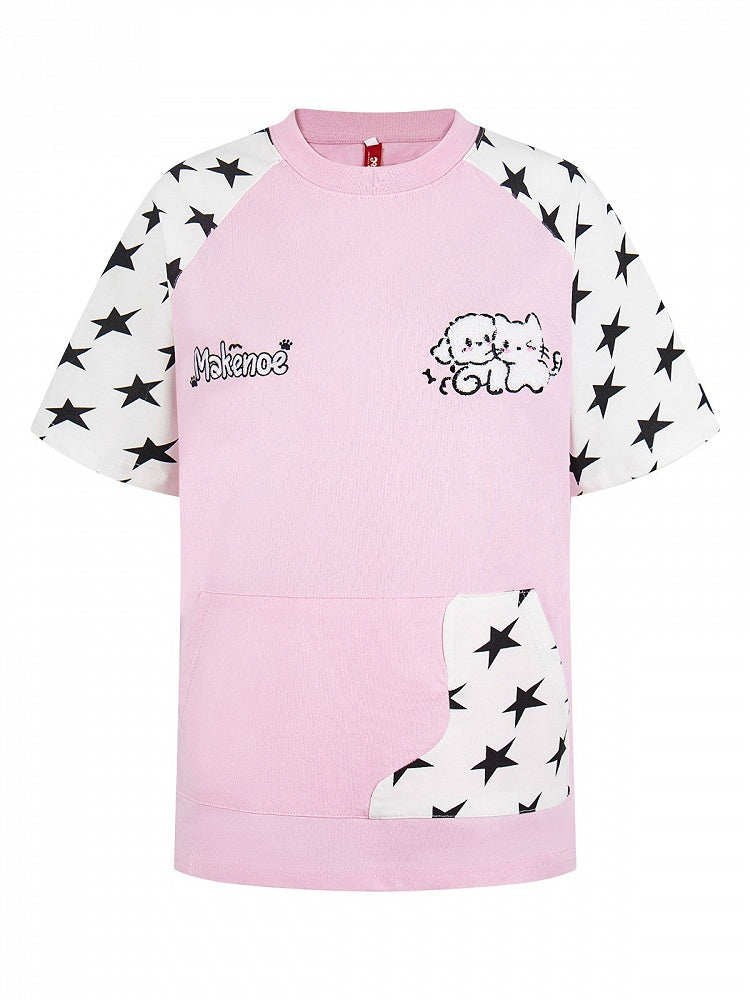 Pink Star Print Short Sleeve Tee with Cat Embroidery - Languid Park