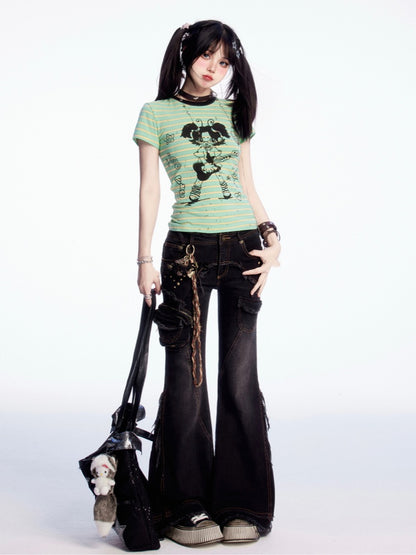 Mädchen Print Rundhals Grün Gestreiftes T-shirt Rock