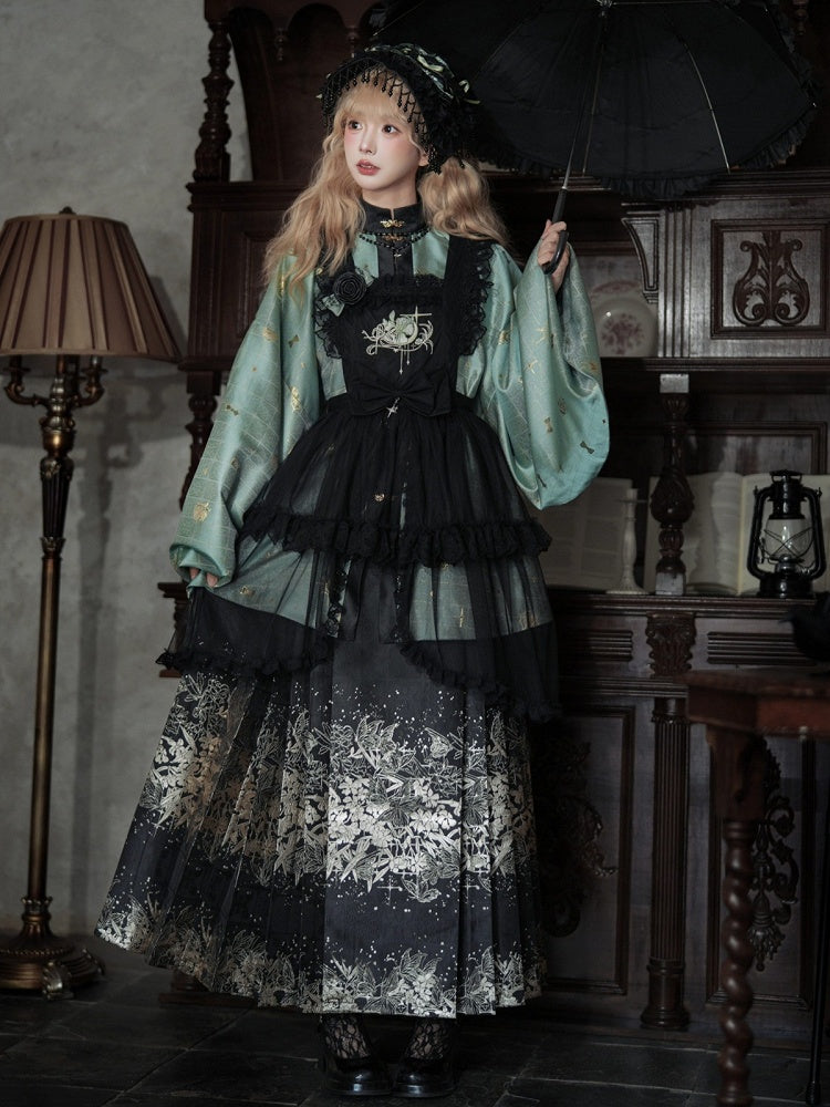 Black Mamian Skirt with Gold Floral Embellishment - San Sheng Du