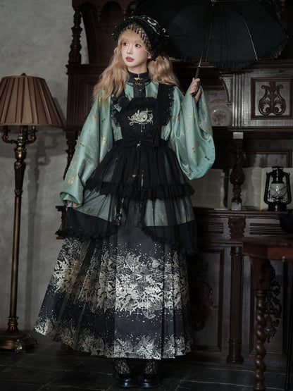 Black Mamian Skirt with Gold Floral Embellishment - San Sheng Du
