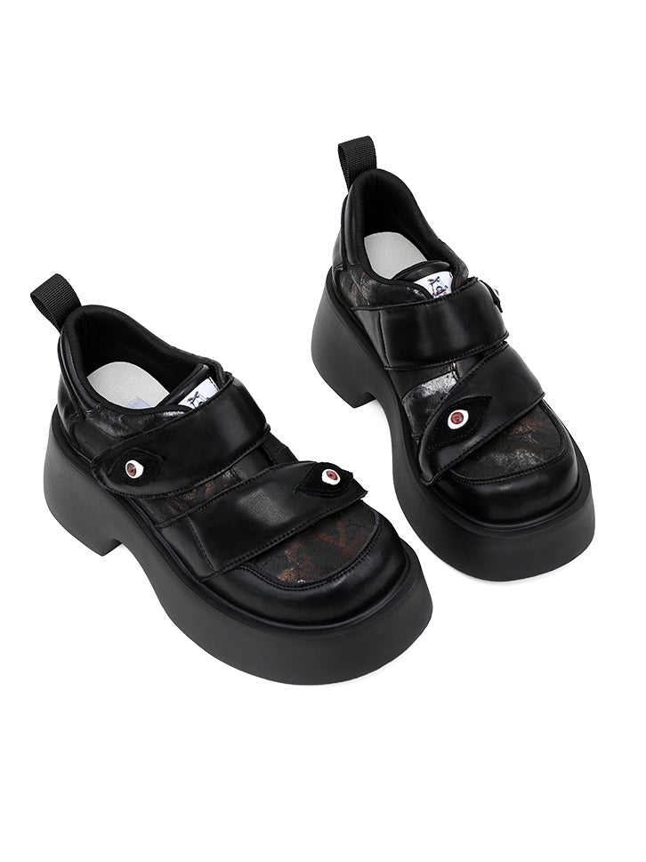Strap Punk Eye Heels Platforms Closures Chunky - Velcro Black Demonic Patch with
