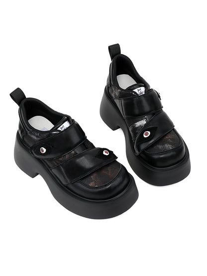 Strap Punk Eye Heels Platforms Closures Chunky - Velcro Black Demonic Patch with