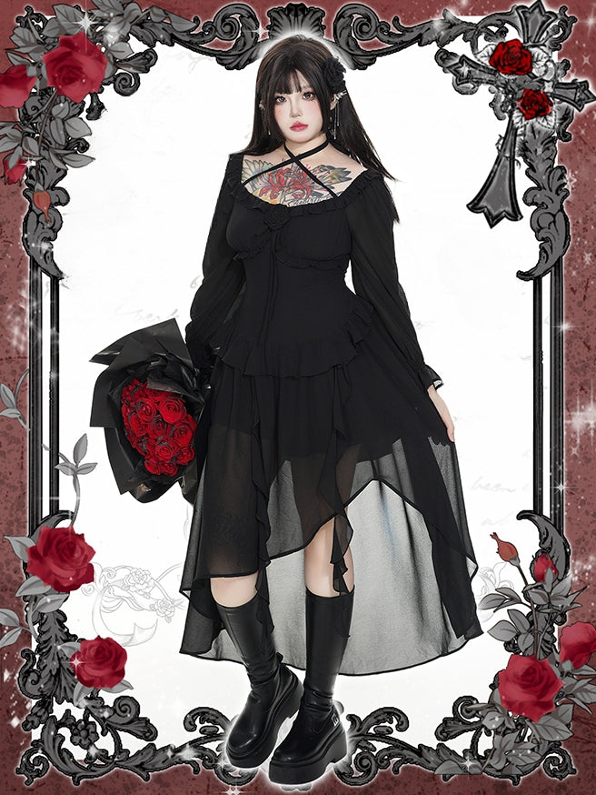 Plus Size Rosette Schwarzes Neckholder-Asymmetrisches Kleid