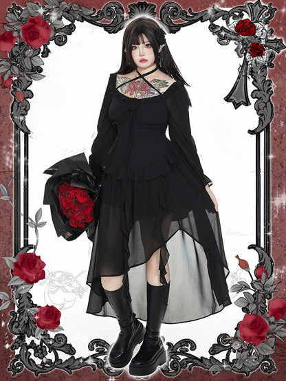 Plus Size Rosette Schwarzes Neckholder-Asymmetrisches Kleid