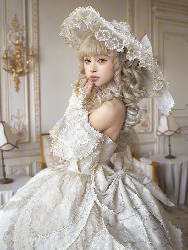 Ruffles Gown Lolita and Version Details Off-Shoulder Hime Hanayome Layered Bow with Champagne Long Lace