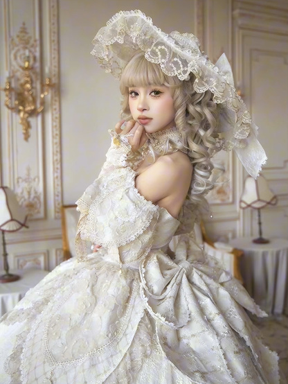 Ruffles Gown Lolita and Version Details Off-Shoulder Hime Hanayome Layered Bow with Champagne Long Lace