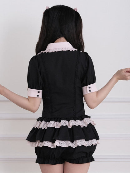 Black Pink Jirai Kei Double-Breasted Ruffled Crop Top - No Genki