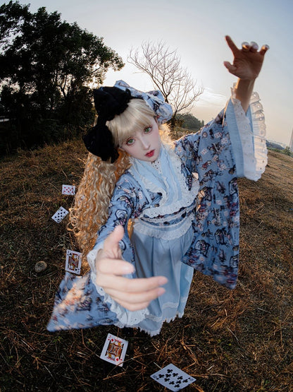 Alice Trim Blue Top Bunny in Print + JSK Wa Wonderland Set Lolita and Poker Lace Vibes Dress
