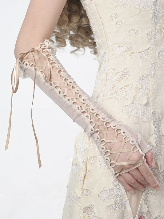 Apricot Lace-up Straps Gloves