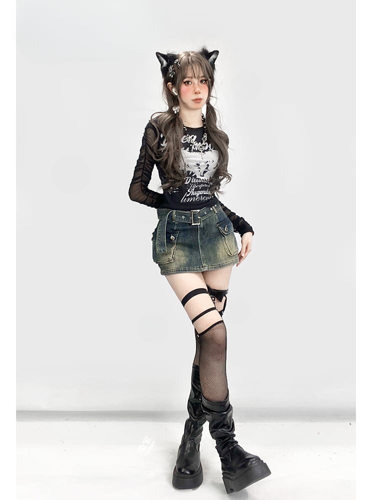 ヴィンテージ ダークブルー ダメージデニム グラマラス スカート カーゴポケット付き