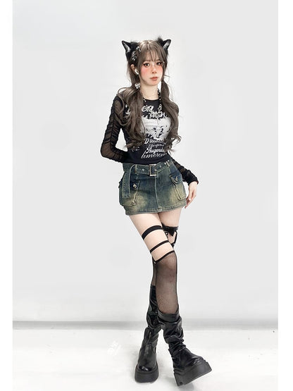 ヴィンテージ ダークブルー ダメージデニム グラマラス スカート カーゴポケット付き