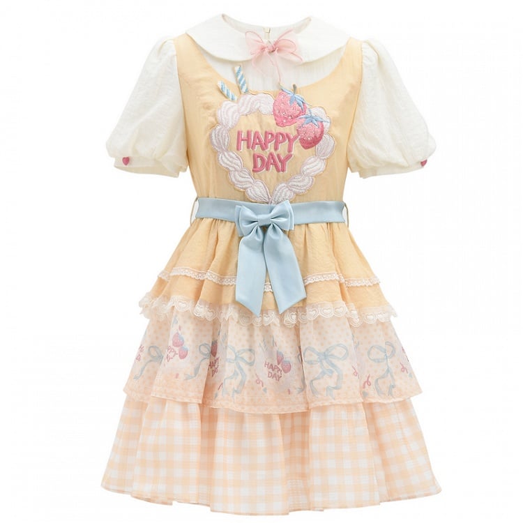 Erdbeerkuchen Stickerei Süßer Rock Lolita Kleid Große Schleife Cremegelb Stufen