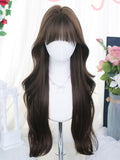 65-70cm Wigs Brown Bangs Wavy Long With Air
