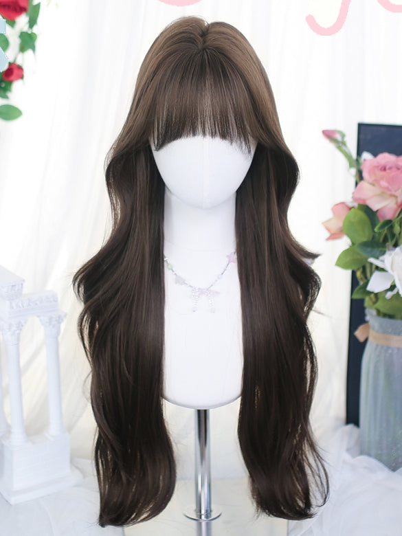 65-70cm Wigs Brown Bangs Wavy Long With Air