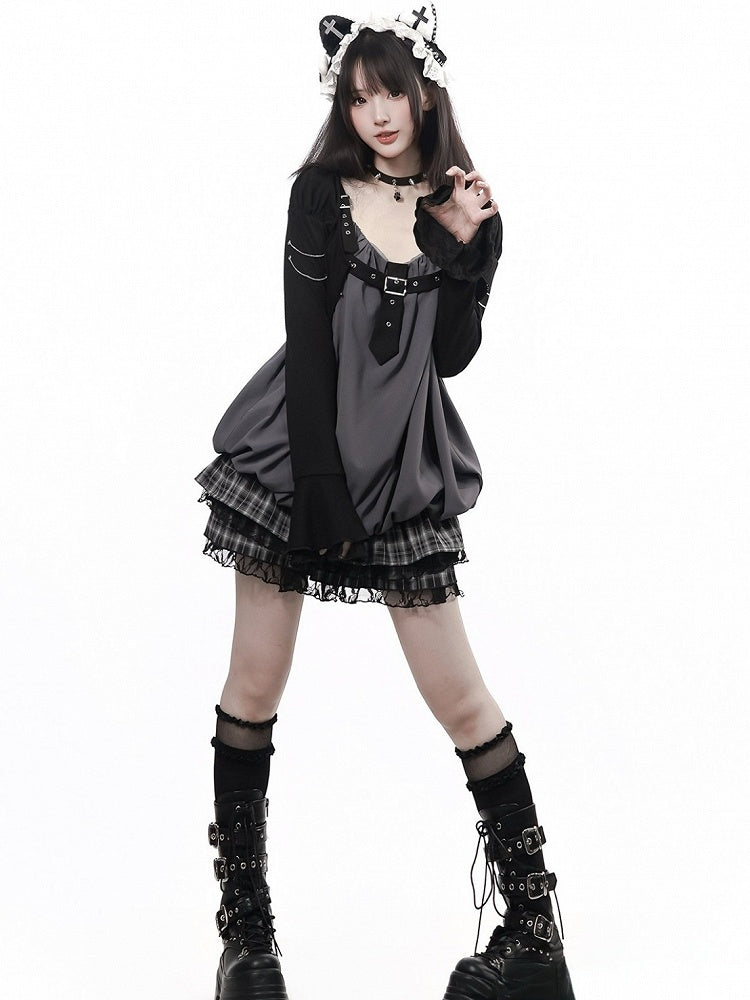 Black & Gray Bubble Hem Cami Dress with Plaid Ruffle & Metal Buckle Accents - PINK SAVIOR