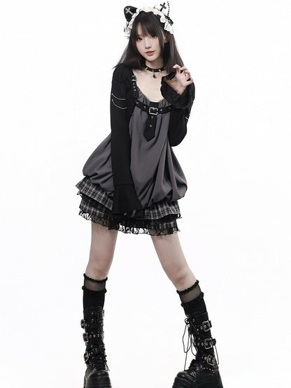 Black & Gray Bubble Hem Cami Dress with Plaid Ruffle & Metal Buckle Accents - PINK SAVIOR