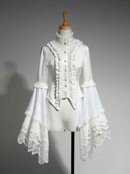 Aristocrat Ärmel Glocke Rüschen Patched Spitze Hals Weiß Ouji Fashion Shirt Lolita