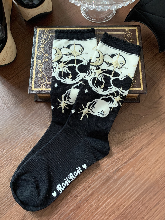 Calf Moon Socks Pattern Star Black/Pink/Blue And