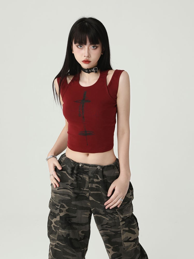 Gothic Wine Red Cross Backless Glamorous Cropped Sleeveless Top