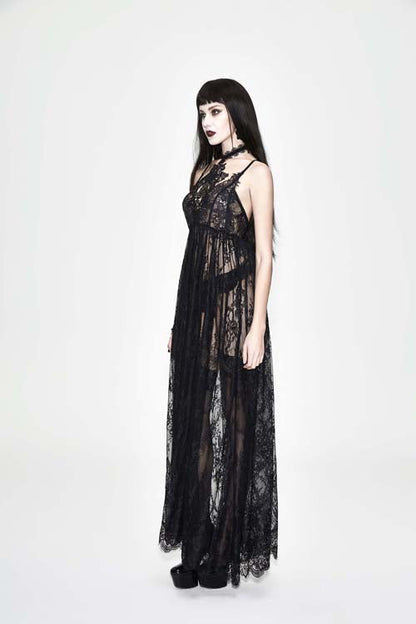 Black Sheer Lace High-Waist Sexy Halter Long Gothic Dress for Women