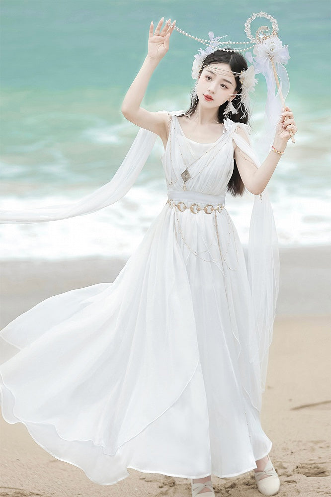 White Greek-inspired Lolita Flowing Bow Shoulders Maxi Dress with Gold Chains - Xiong Dou Jiang