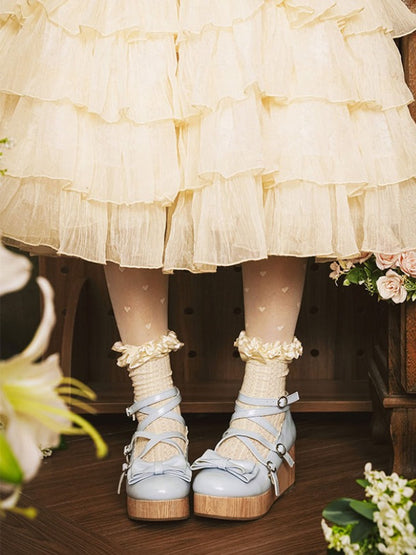 PU Shoes Design at Wedge Top Platform Bow Sweet Crisscross Blue Lolita with