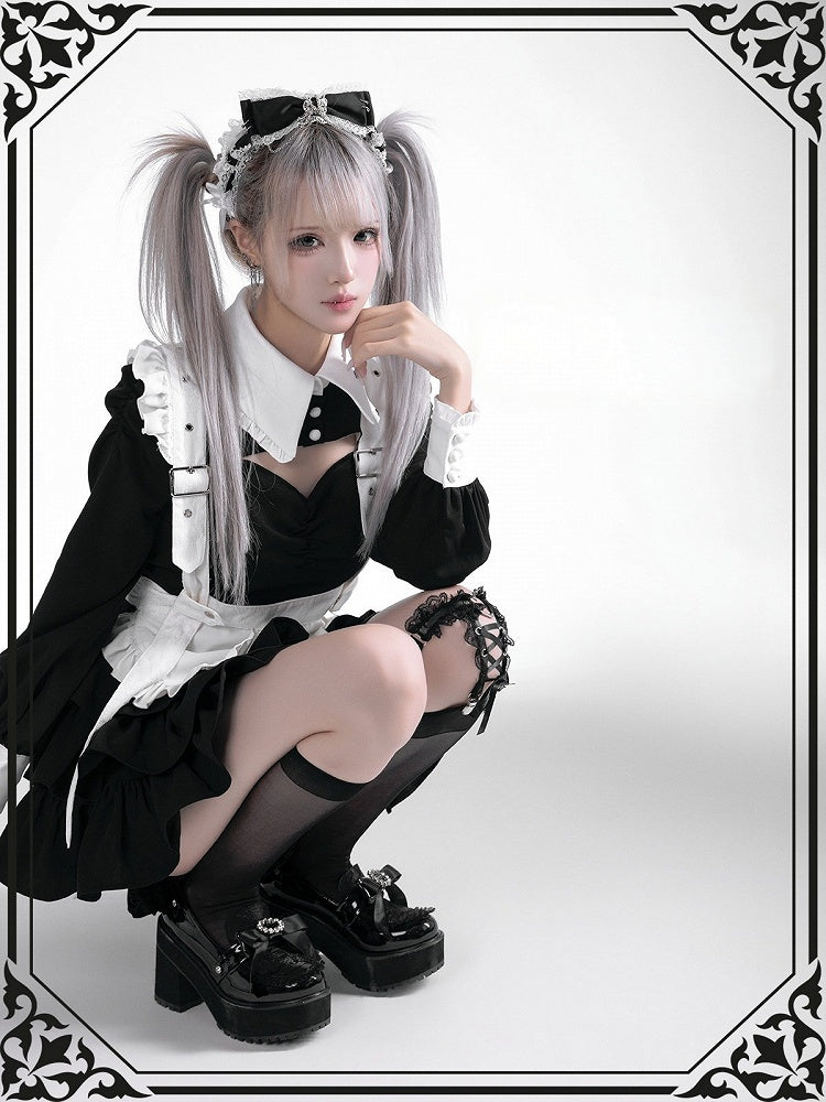 Black White Jirai Kei Collared Tiered Ruffle Dress Shorts Set - Fluffy Heart